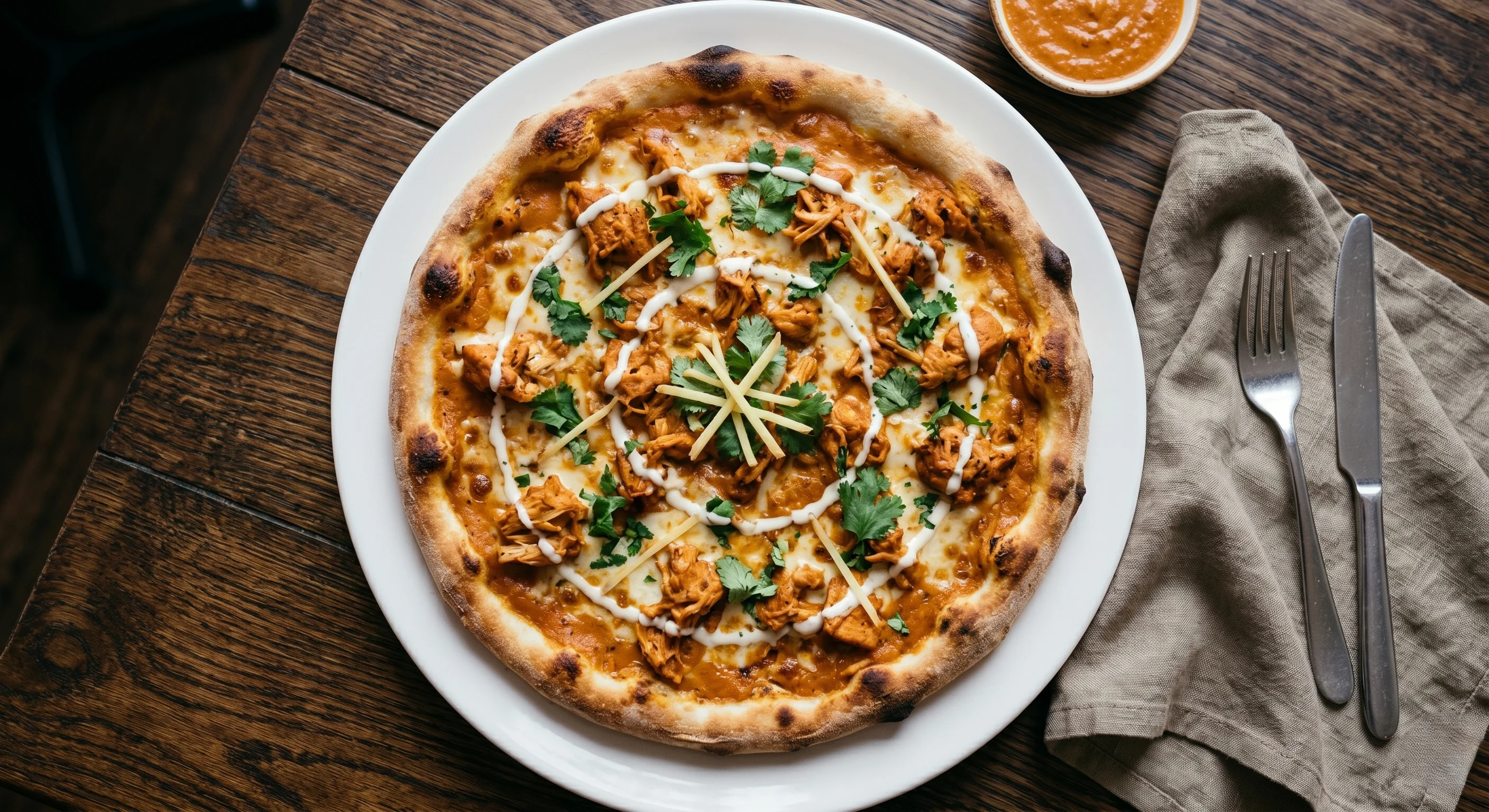 Butter Chicken Pizza — flatbread topped with halal butter chicken at Taj Mahal Food, London, Ontario