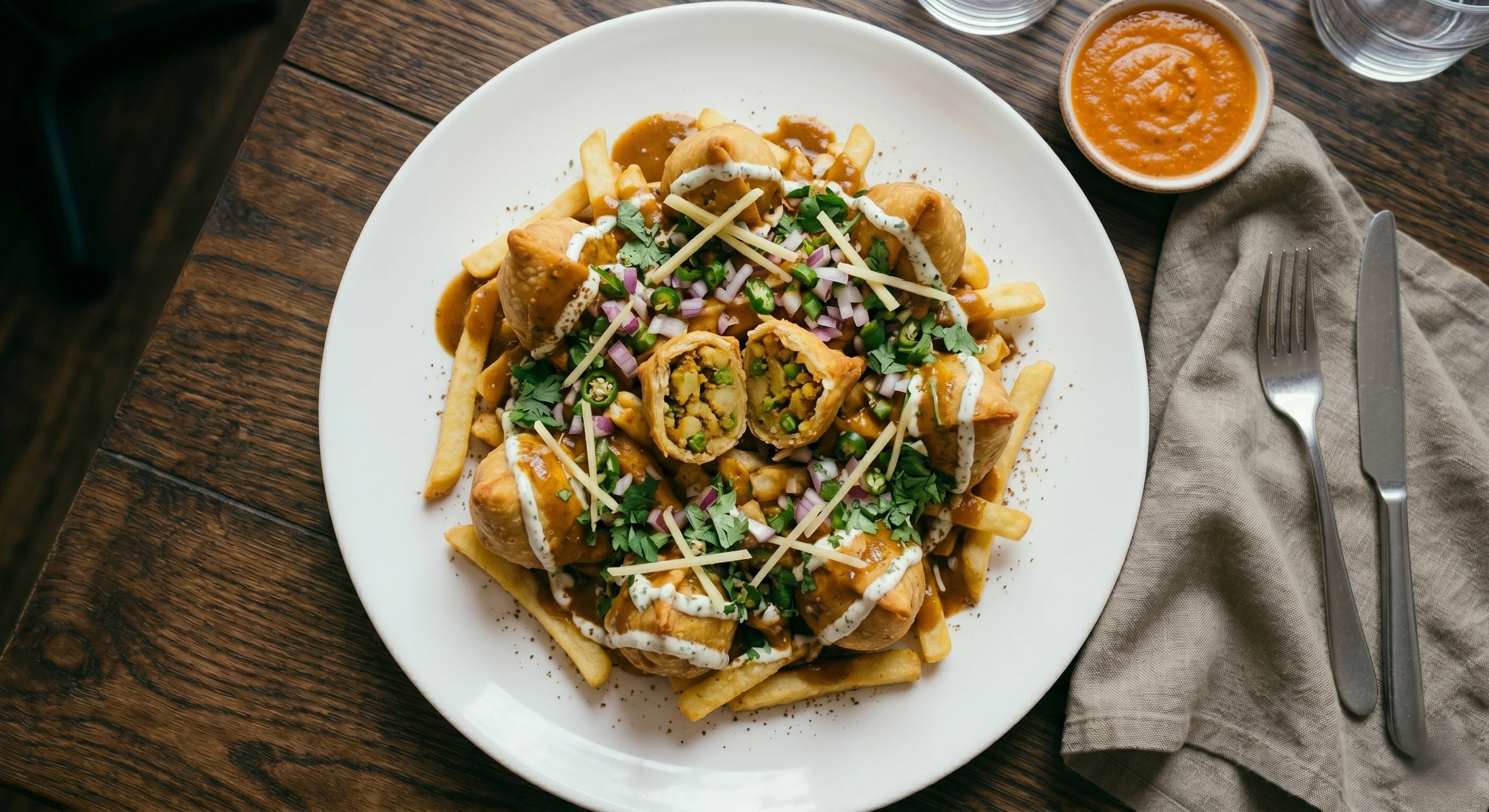 Samosa Poutine — fries, crushed samosas, gravy and cheese curds at Taj Mahal Food, London, Ontario