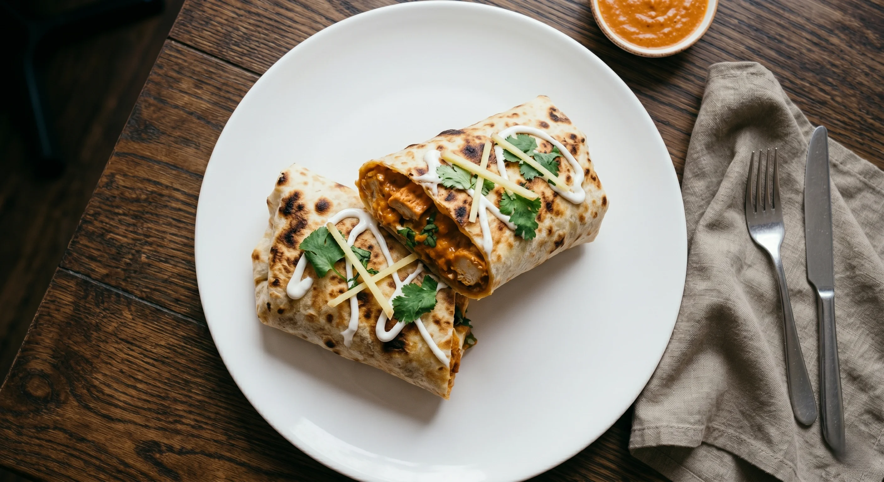 Butter Chicken Wrap stuffed with halal chicken and creamy masala at Taj Mahal Food, London, ON